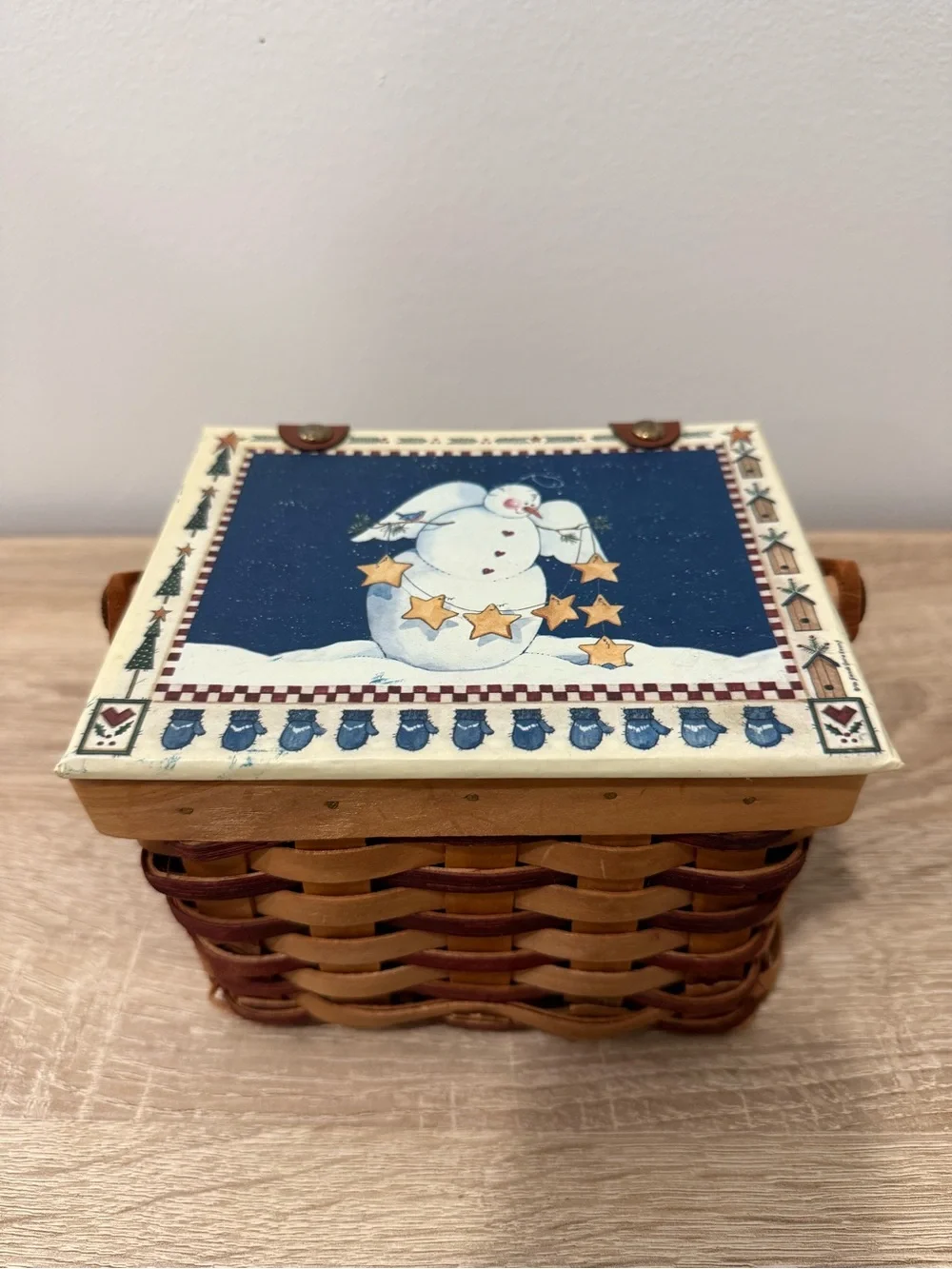 Vintage Woven Christmas Picnic Basket Snowman Angel Lid Leather Hinged Handle